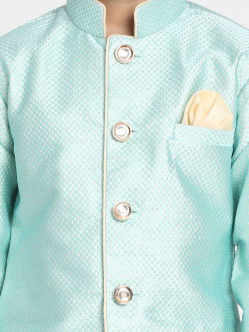 Vastramay Boys' Mint Green Jute Silk Blend Sherwani Set